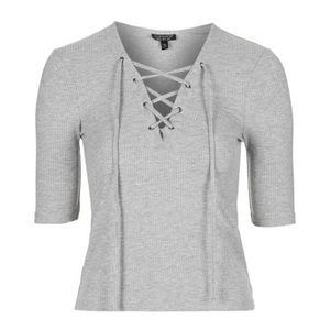 Topshop Gray Ribbed Tie Front Top